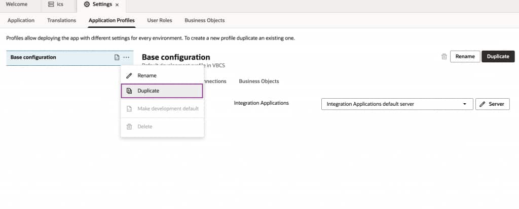 Duplicate base configuration application profile