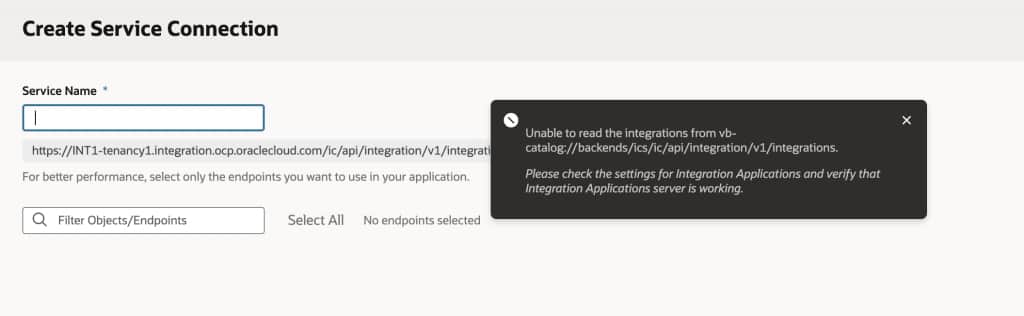 Error in VBS when creating OIC Service connection from catalog