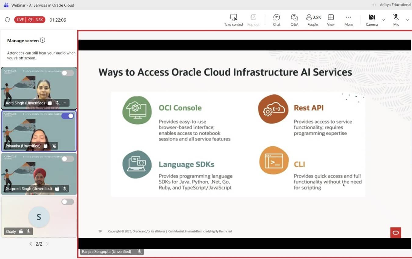 Oracle Academy collaborates with Aditya University, India, to host a webinar on AI services in Oracle Cloud