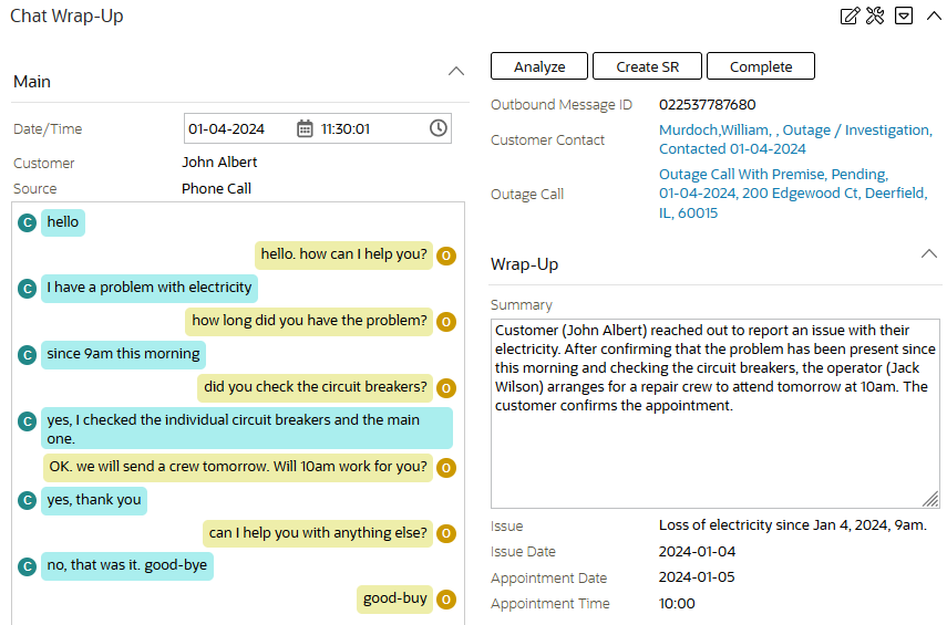 Example of a typical outage call scenario with corresponding AI automation calls