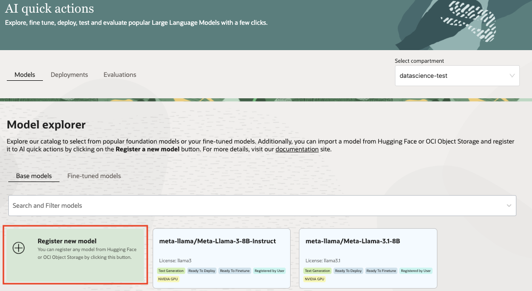 Data Science AI Quick Actions model explorer