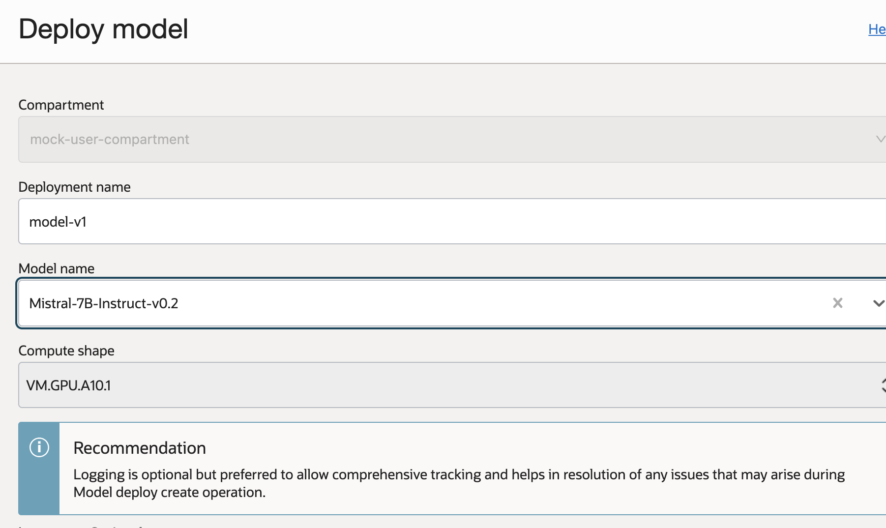 This is a picture of the AI quick actions model deployment UI.