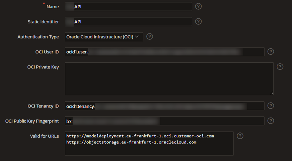 A screenshot of the fields for the API details filled in.