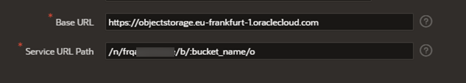 A screenshot of the Base URL and Service URL Path fields for the bucket.