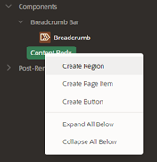 A screenshot of the Components menu expanded and the Content Body button selected with the Create Region option highlighted.