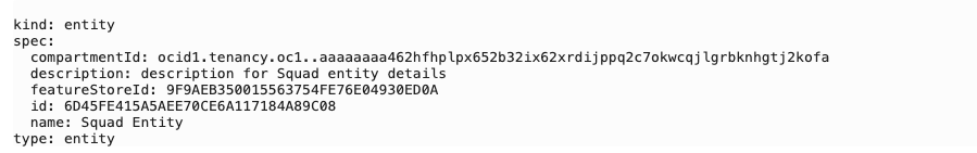 A screenshot of the code output for the feature store entities.