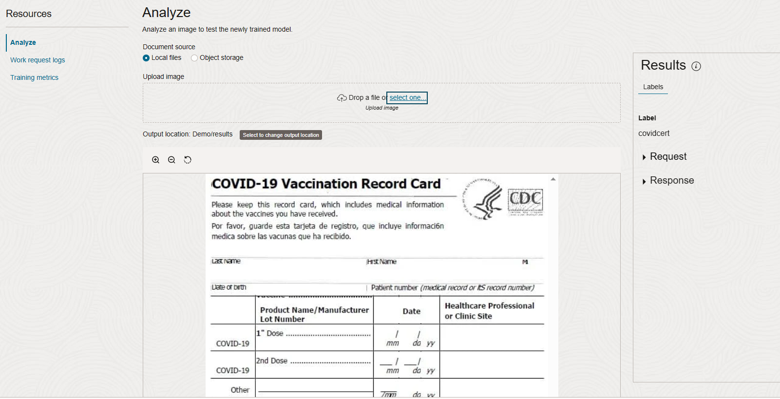 A screenshot of the Analyze page in the Console showing the model details for a custom document classification model.