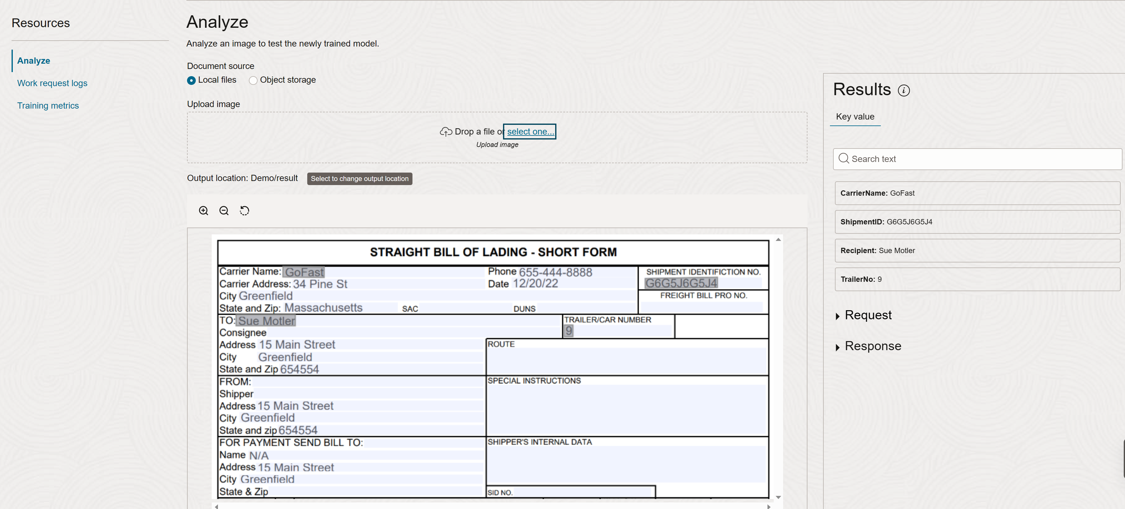 A screenshot of the Analyze page in the Console showing the model details for a custom key value extraction model.