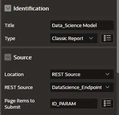 A screenshot of the Identification and Source sections with the type as Classic Report and Page Items to Submit as ID_PARAM.