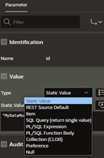 A screenshot of the Type selection expanded and “Static Value” highlighted.