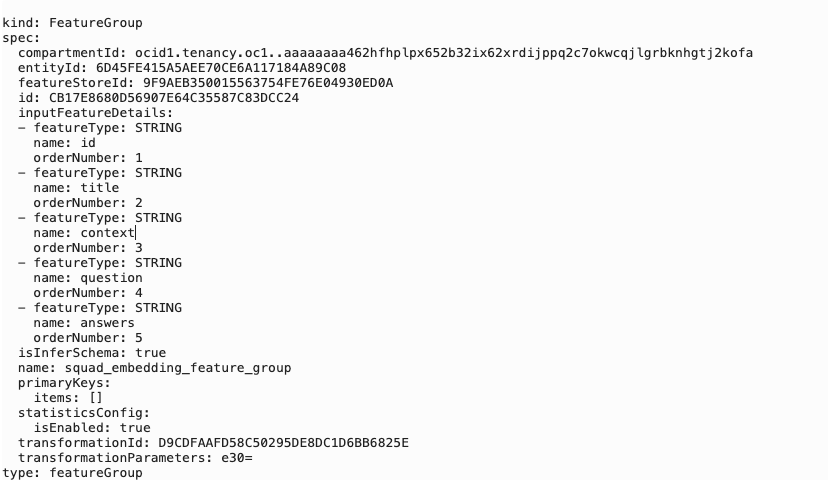 A screenshot of the materialized feature embeddings in a feature group.