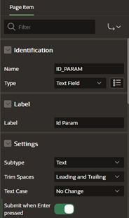 A screenshot of the Page Item configuration with the Submit when Enter Pressed option selected