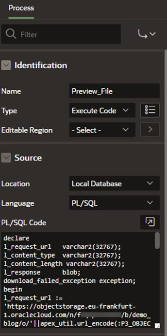 A screenshot of the Process screen showing the expanded Identification and Source sections.