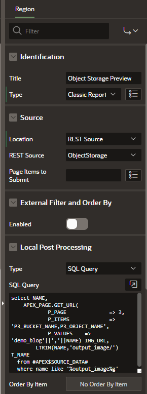 A screenshot of the Region section with parameters filled in.