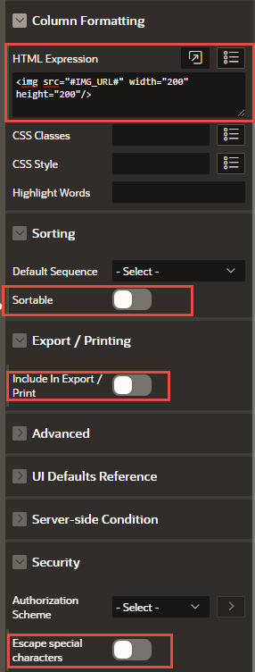 A screenshot of the expanded Column Formatting section with the html expression, sortable, include in export/print, and escape special characters options outlined in red.