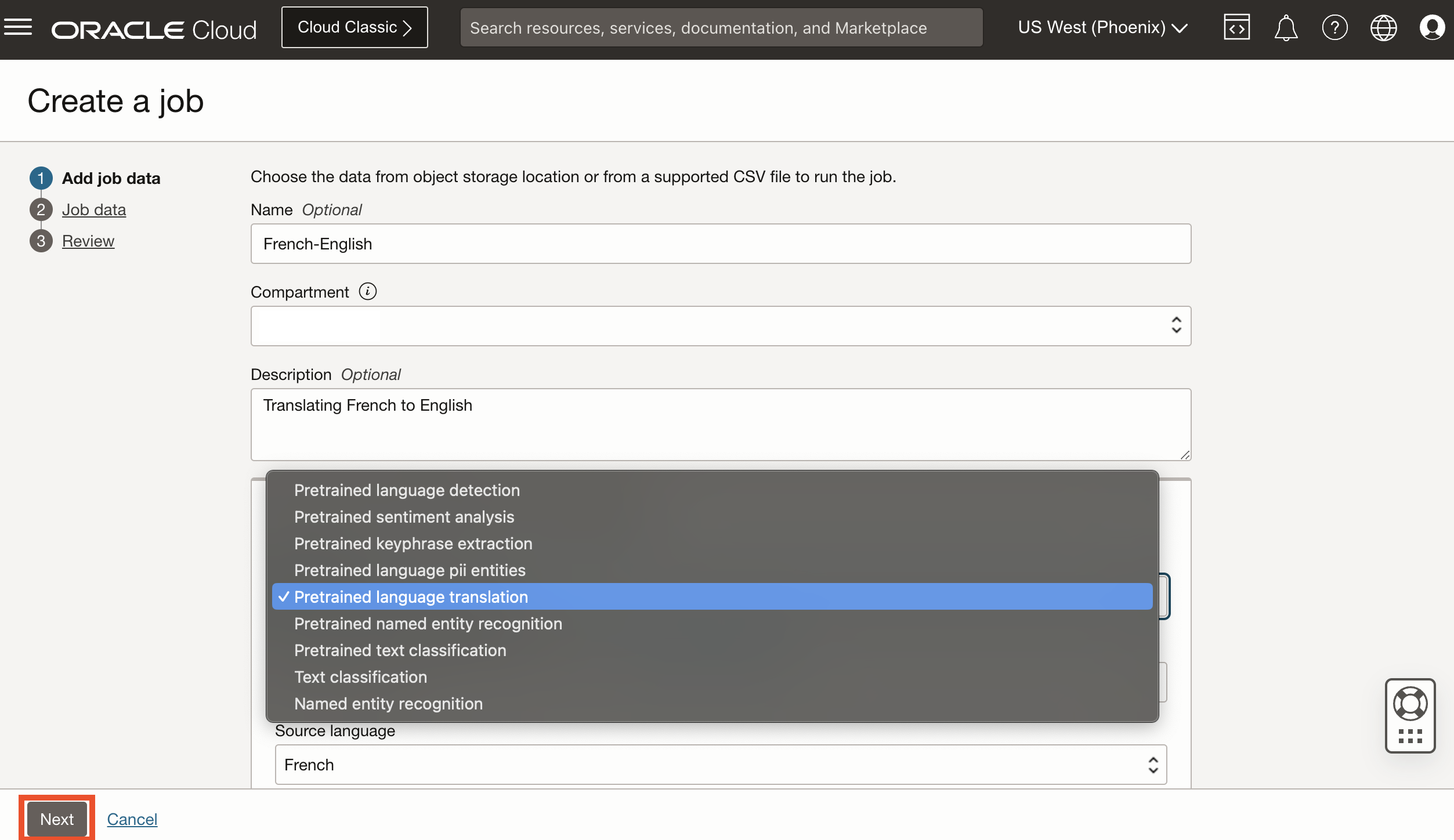 OCI AI Language translation models