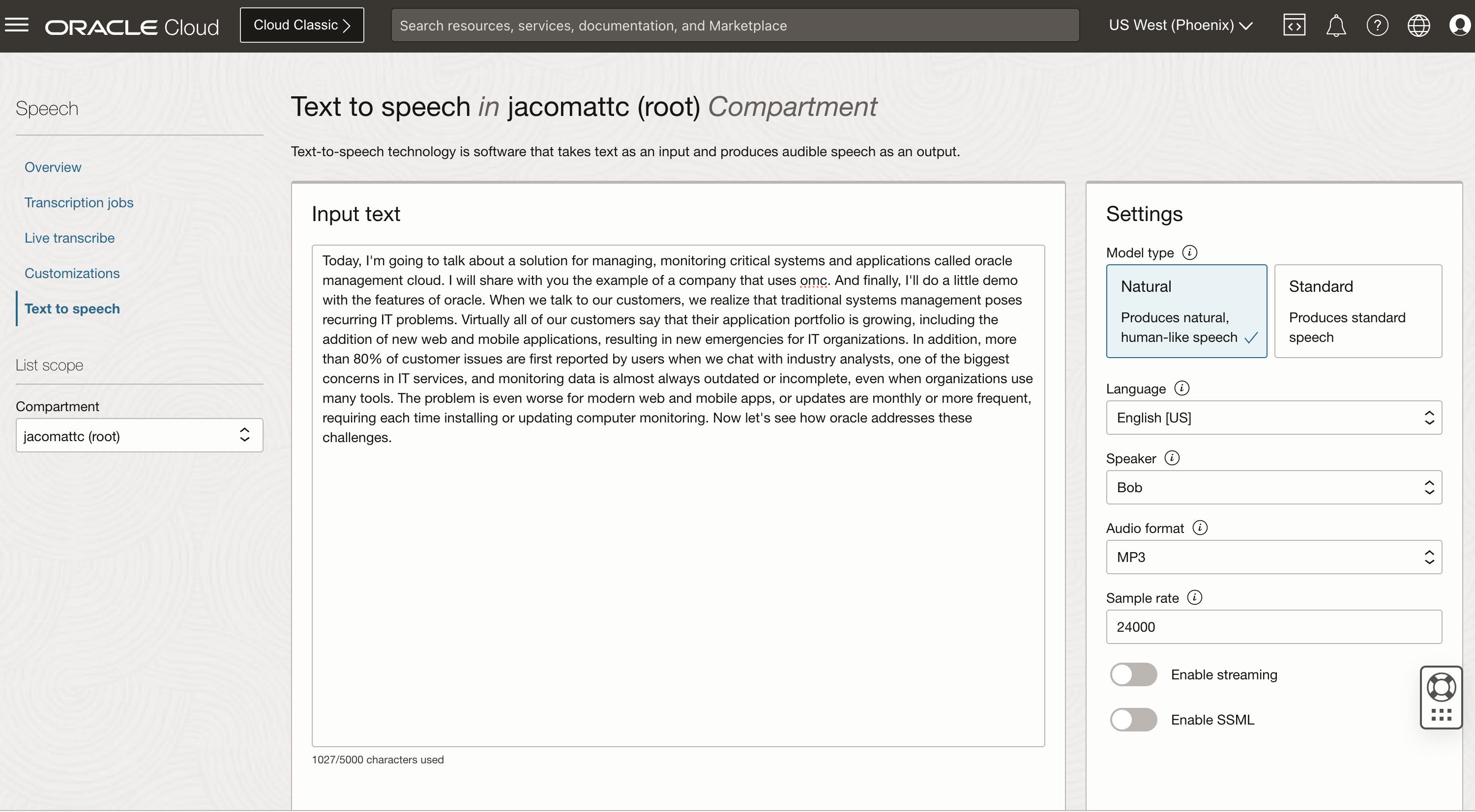 OCI AI Speech text to speech