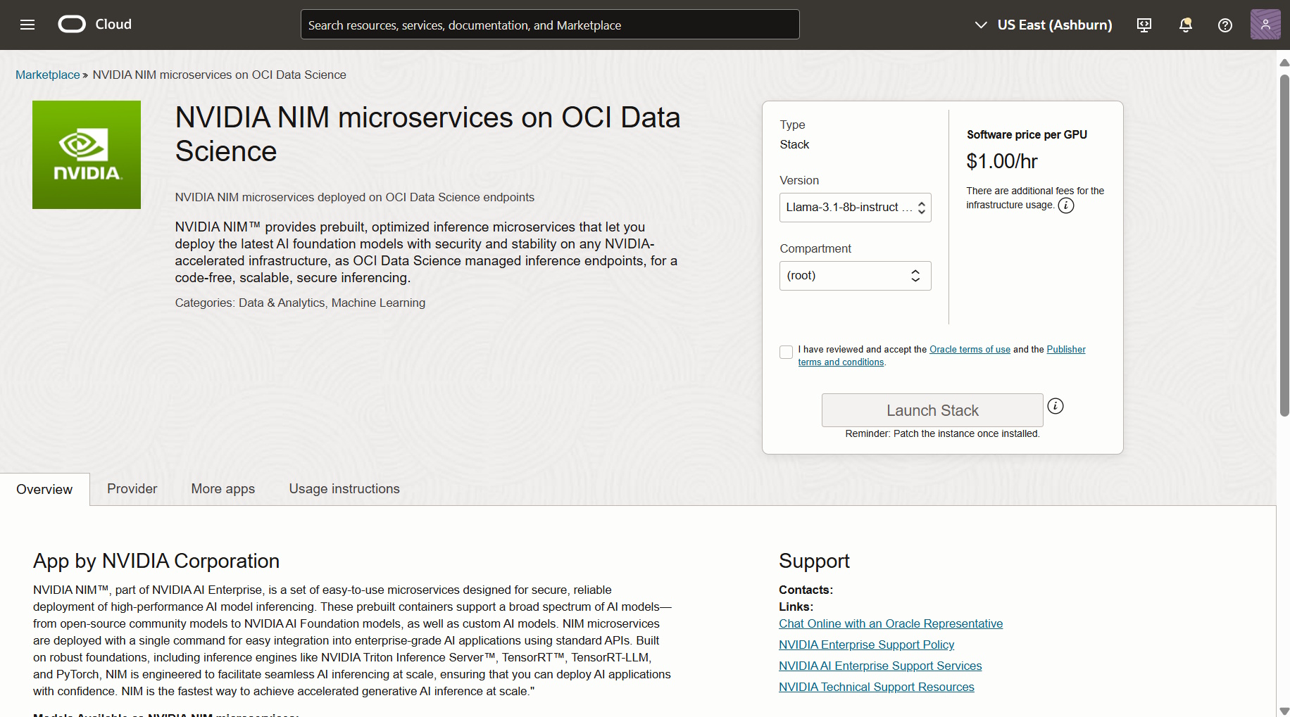 NVIDIA NIM in OCI Marketplace listing
