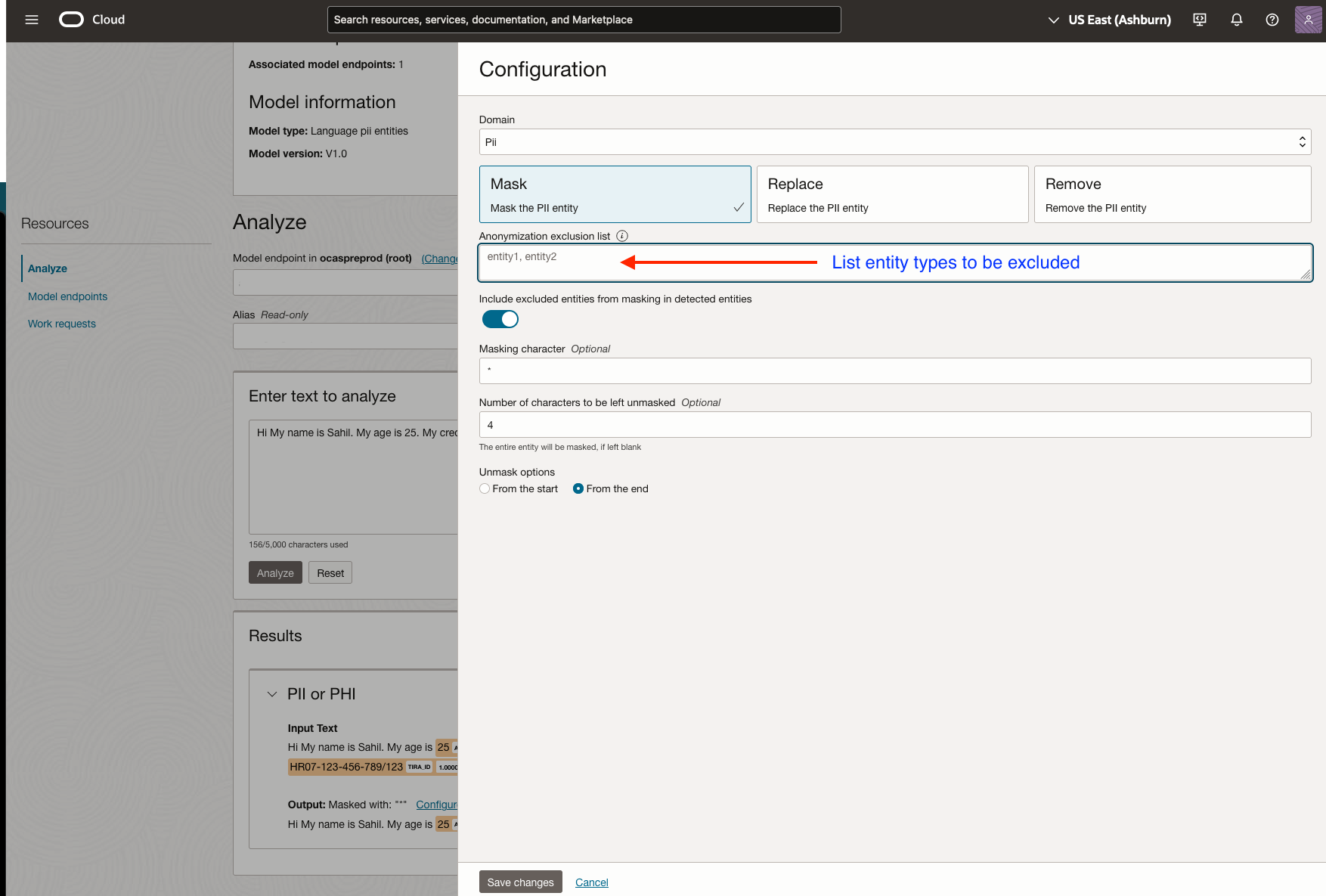 Figure 2: Exclude entity types within PII