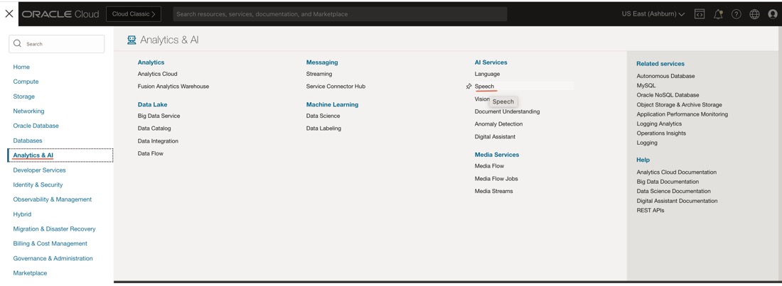 A screenshot of the expanded menu in the Console with the options for Analytics & AI and Speech underlined in red.