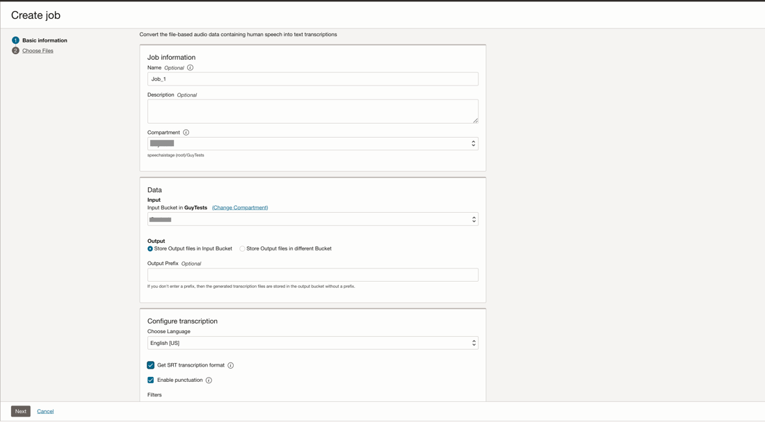 A screenshot of the Create Job window showing the details for a transcription job.