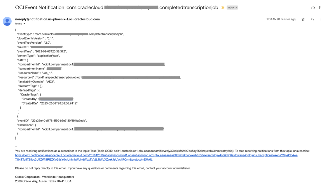 A screenshot of the email notification for the successful job.
