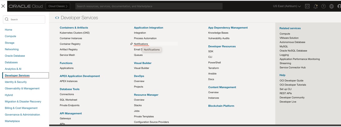 A screenshot of the expanded menu with the links for Developer Services and Notifications underlined in red.
