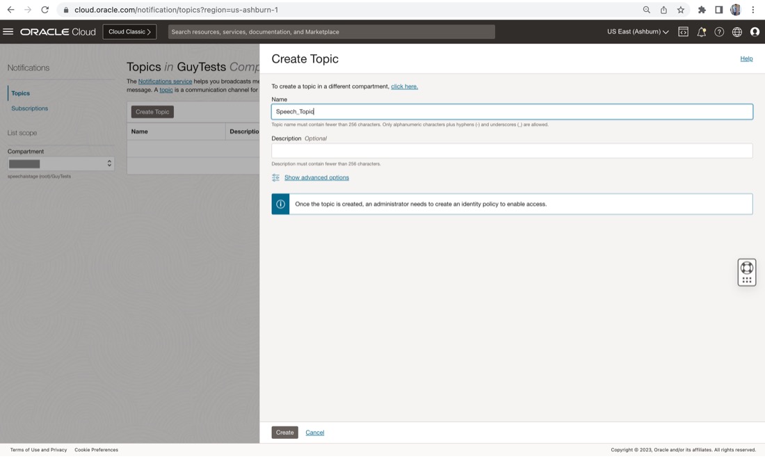 A screenshot of the Create Topic window in the Oracle Cloud Console with the name field filled in.