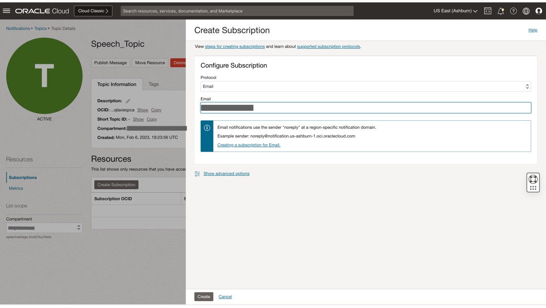 A screenshot of the Create subscription window with the email blacked out.