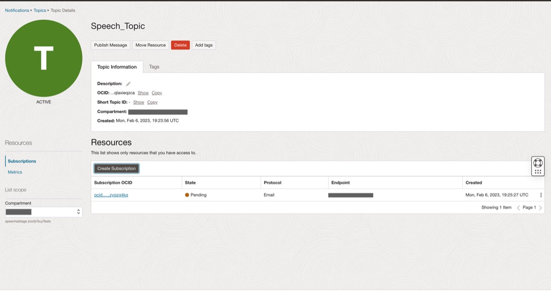 A screenshot of the Topic Details page showing the subscription job in a pending state.