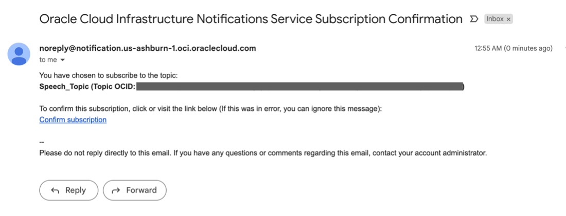 A screenshot of an example subscription confirmation email sent from the Notifications service.