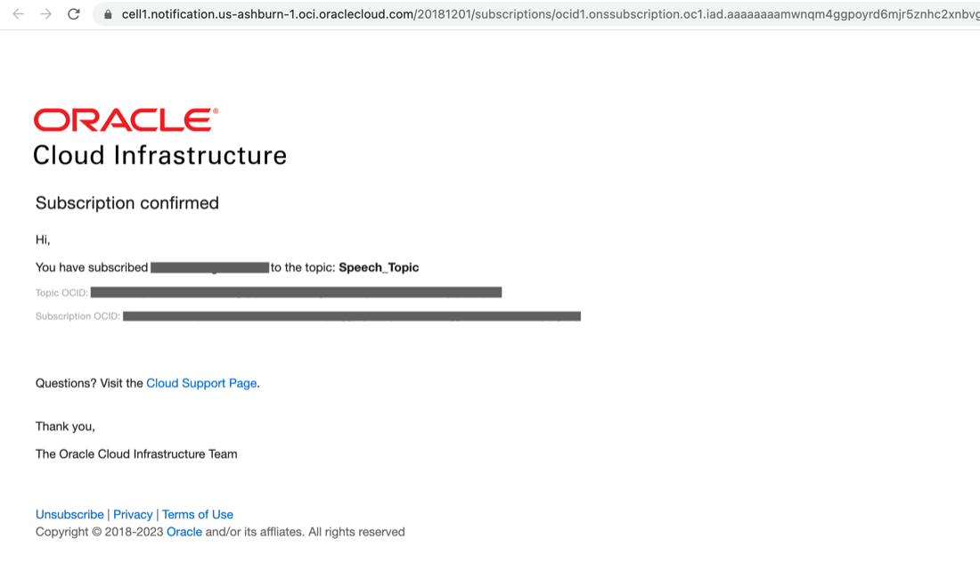 A screenshot of the example subscription confirmation screen.