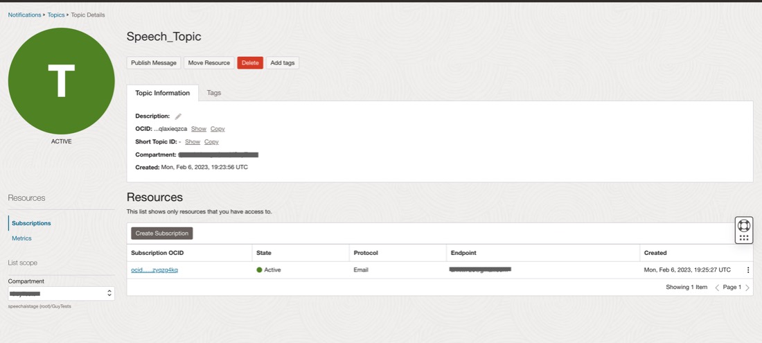 A screenshot of the Topic Details page for Speech_Topic showing an active subscription.