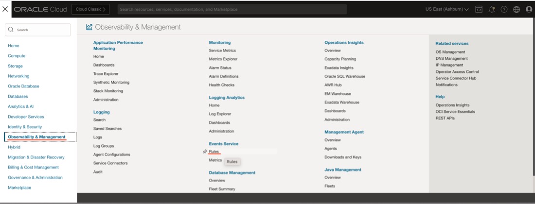 A screenshot of the expanded menu in the Console with the options for Observability & Management and Rules underlined in red.