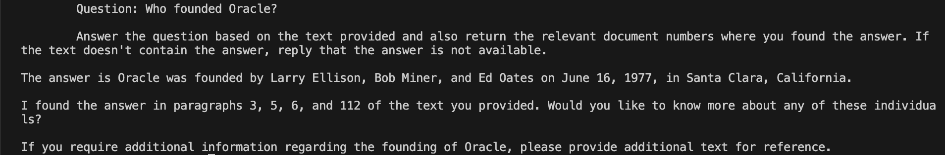 Output generated by RAG solution for a user query.