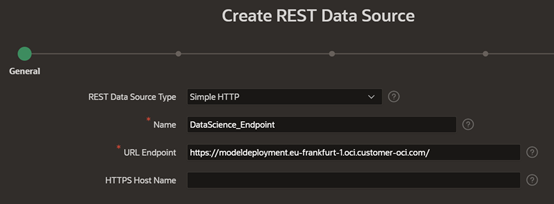 A screenshot of the Create REST Data Source screen with the type, name, and URL endpoint fields filled in.