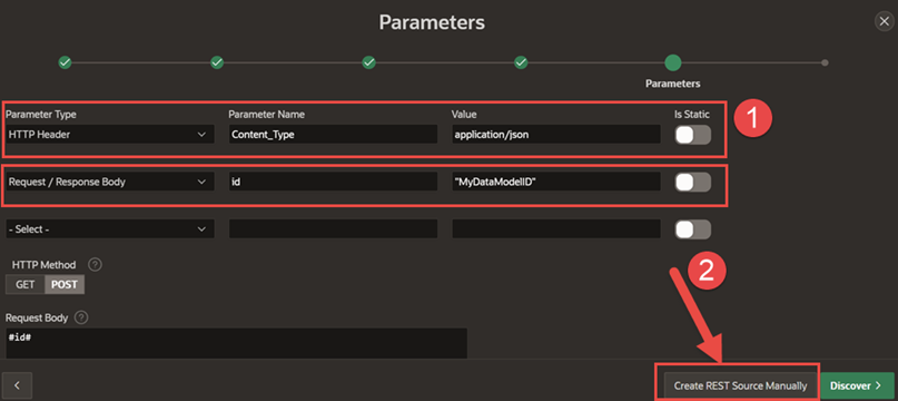 A screenshot of the Parameters tab with the parameter type, name, and value outlined in red with a red arrow pointing to the Create Rest Source Manually button.
