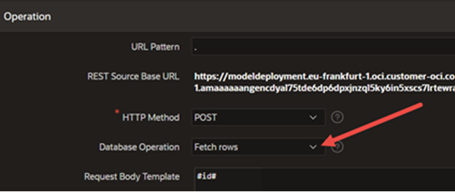 A screenshot of the Operation section with a red arrow pointing to the Database Operation field.