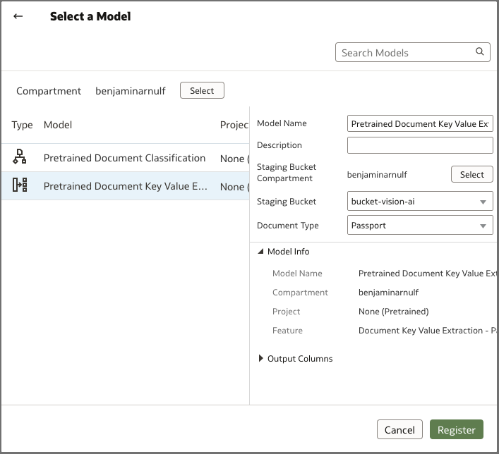Oracle Analytics Register AI model