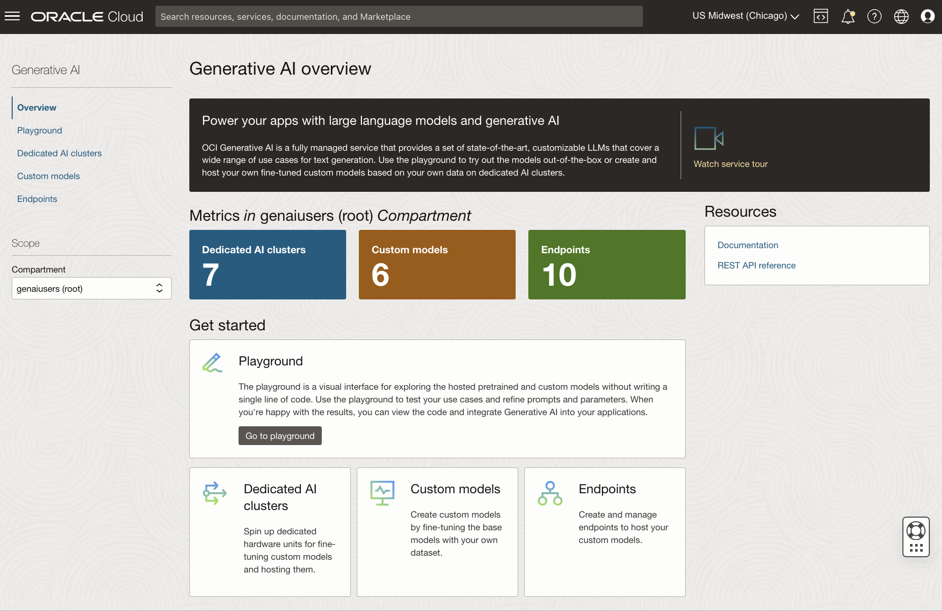 Generative AI overview in the Oracle Cloud Console.