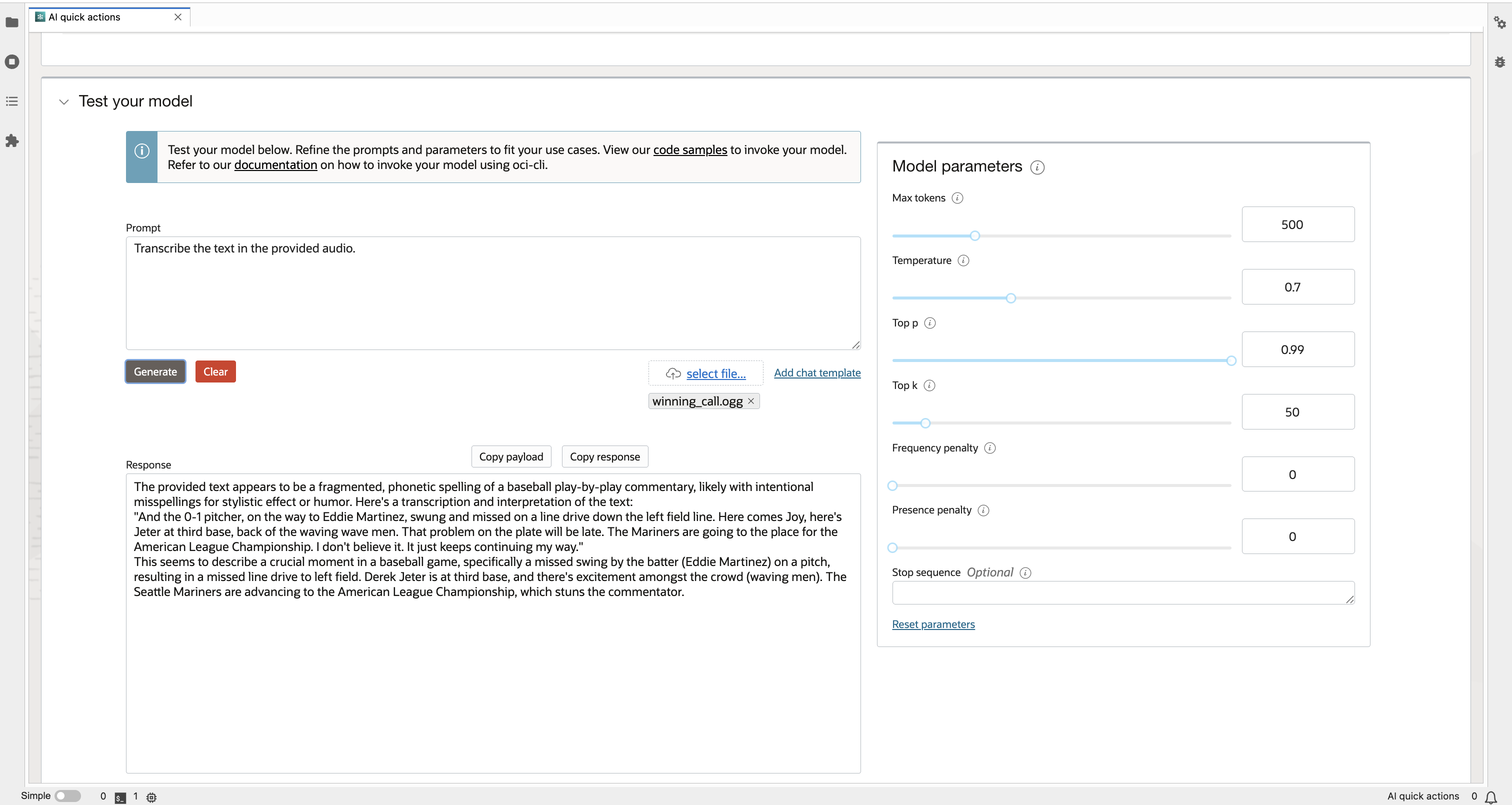 Inference Playground and upload your audio file (≤10 MB)