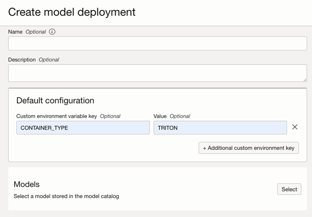 A screenshot of the Create model deployment screen with the configured environment variable key.