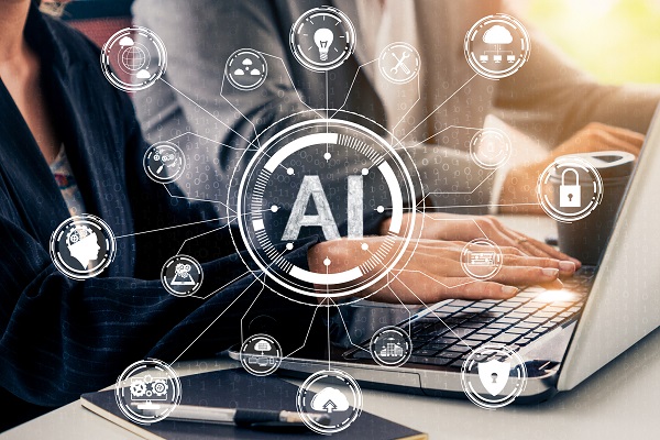 "AI" with connected icons superimposed over people