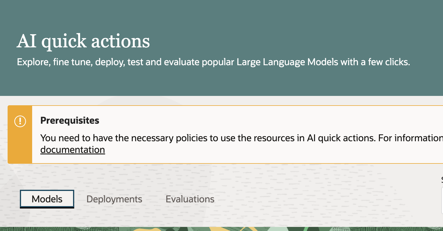 This is the AI quick actions main page - It shows Models, Deployments and Evaluations