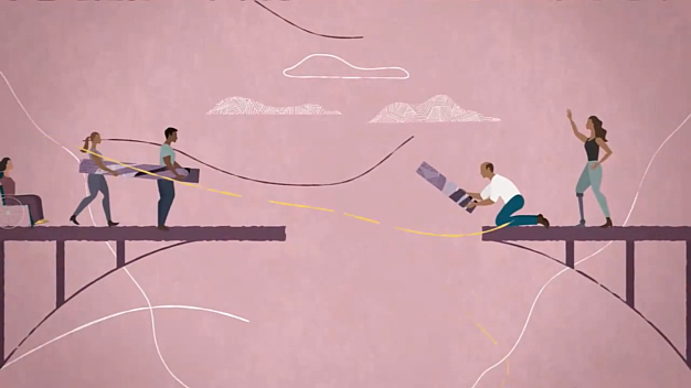 Animated image of colleagues building a bridge