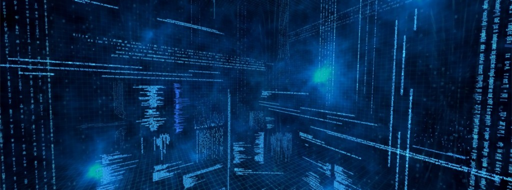 Abstract text and code intersecting three-dimensionally on a dark blue screen.