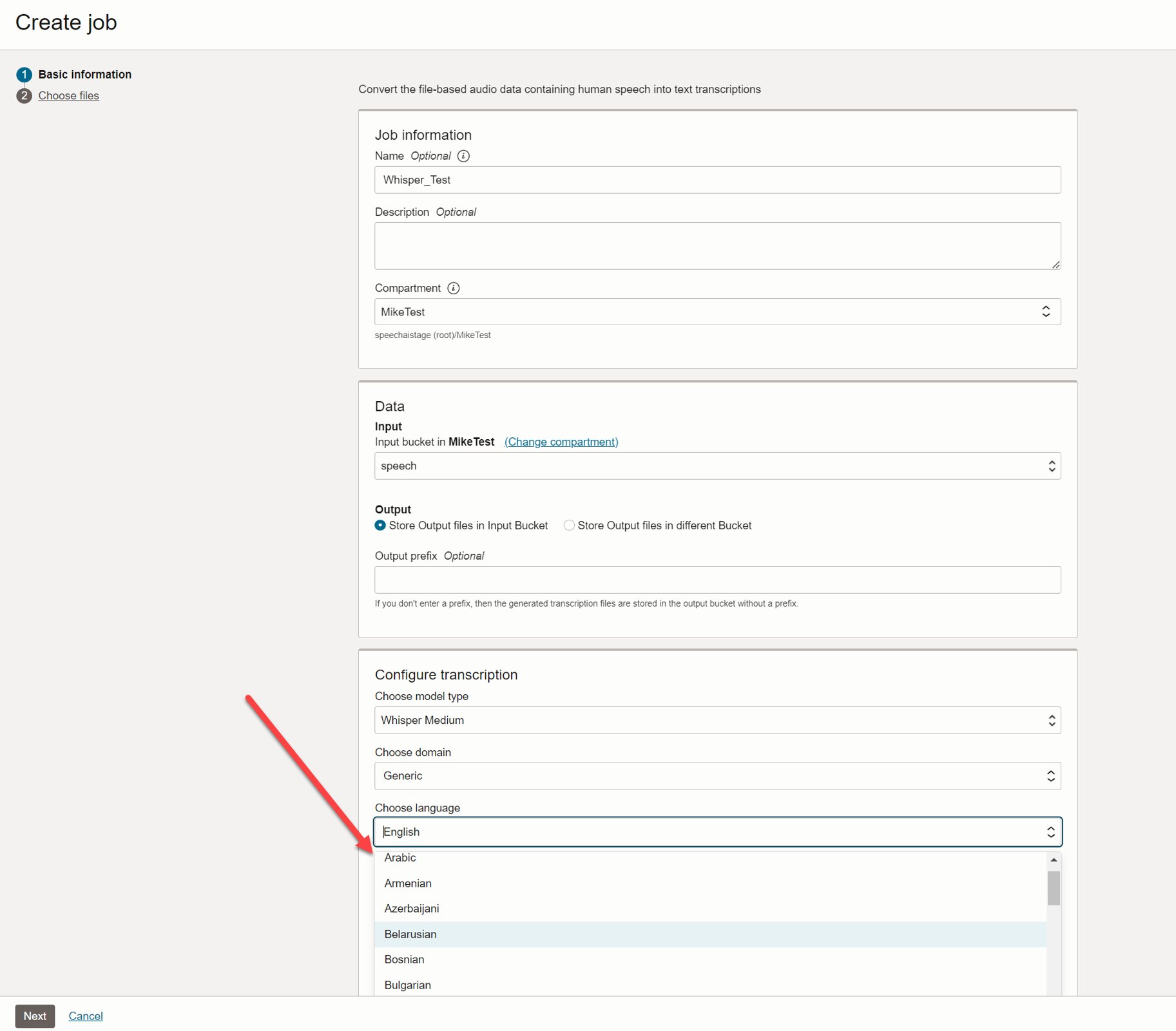 Figure 1: Create an OCI Speech job using the Whisper model