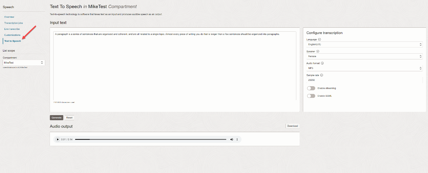 Figure 1: Covert text to speech in OCI console using the TTS feature