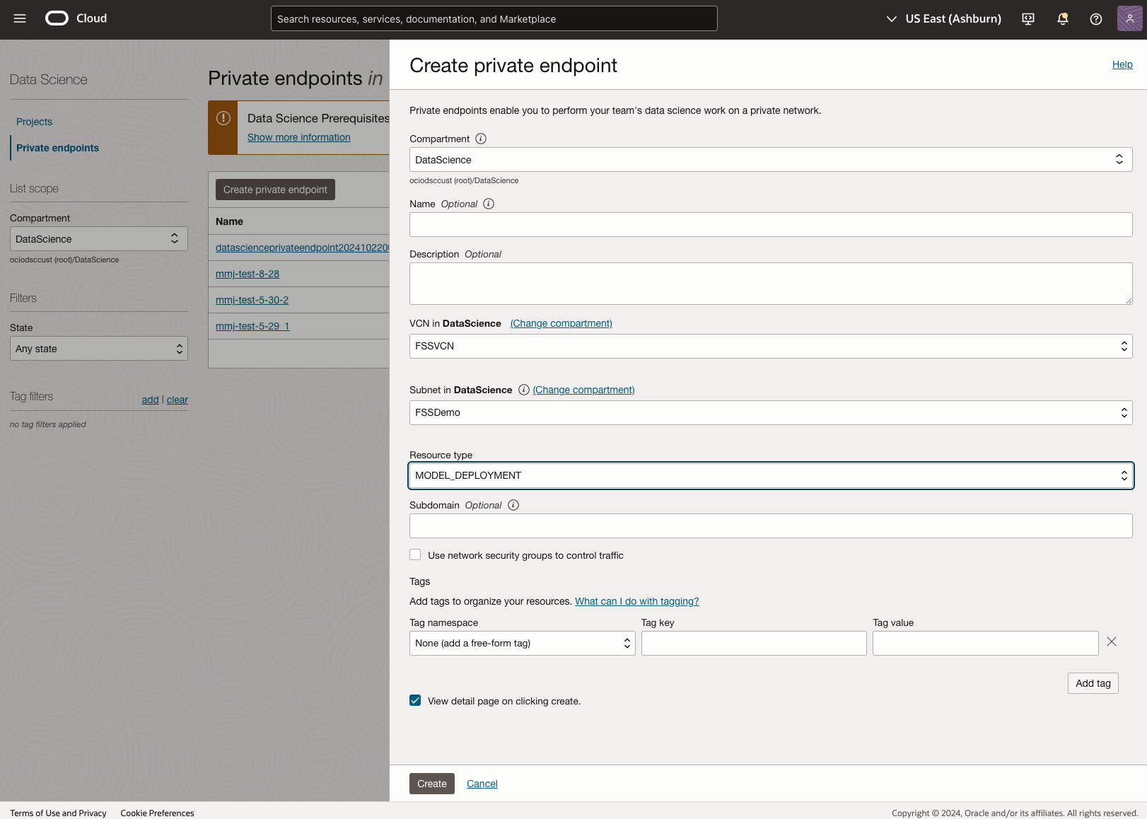 Creating a private endpoint in the Oracle Cloud Console