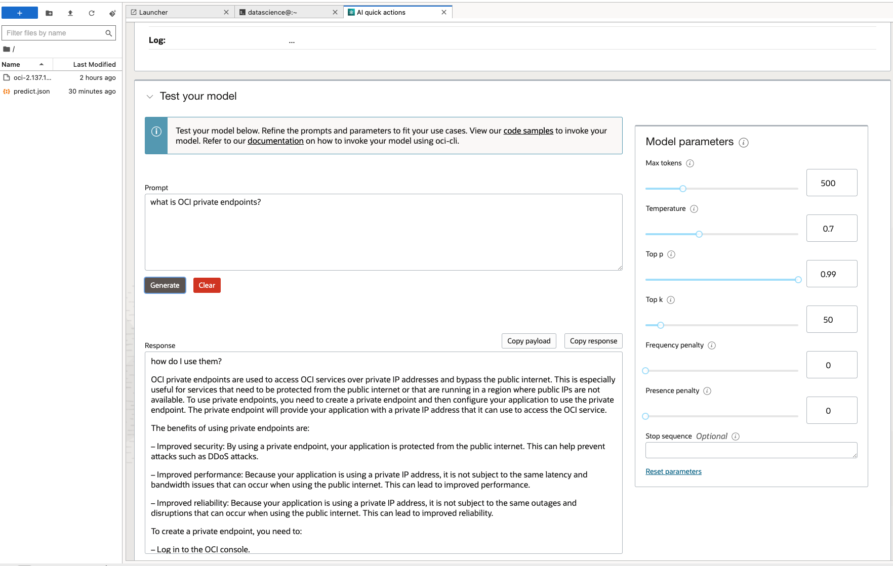 Using model deployment with private endpoint in AI Quick Actions